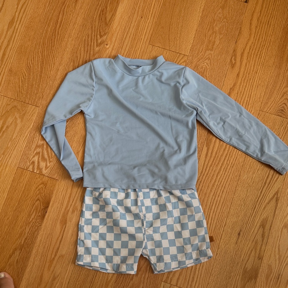 Lila and Jack | Kids' Light Blue Rash Guard and Checkered Swim Shorts Set